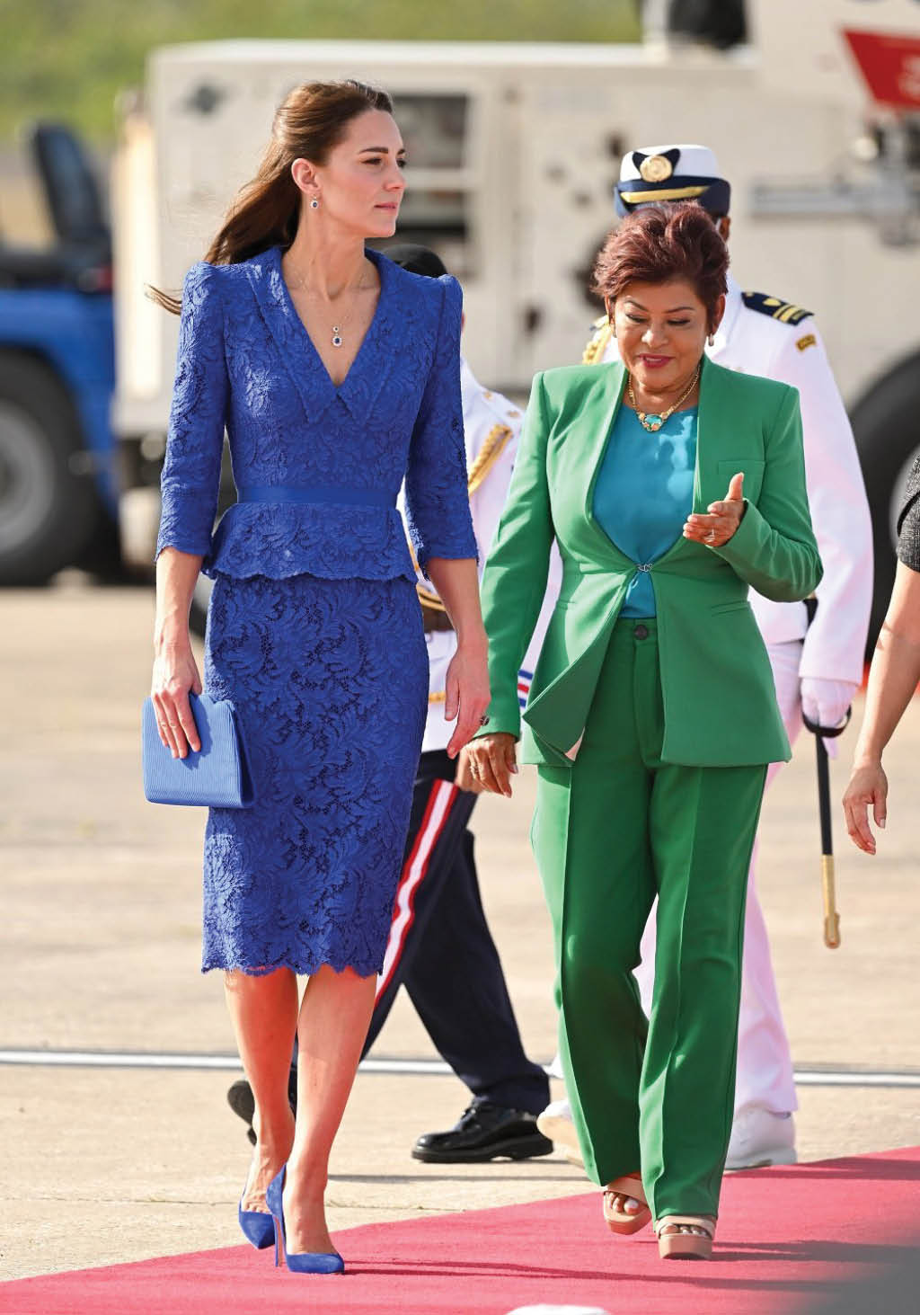 BELIZE CITY, BELIZE - MARCH 19: Catherine, Duchess of Cambridge arrives at Philip S  W Goldson International Airport with Prince William, Duke of Cambridge to start their Royal Tour of the Caribbean on March 19, 2022 in Belize City, Belize  (Photo by Karwai Tang WireImage)