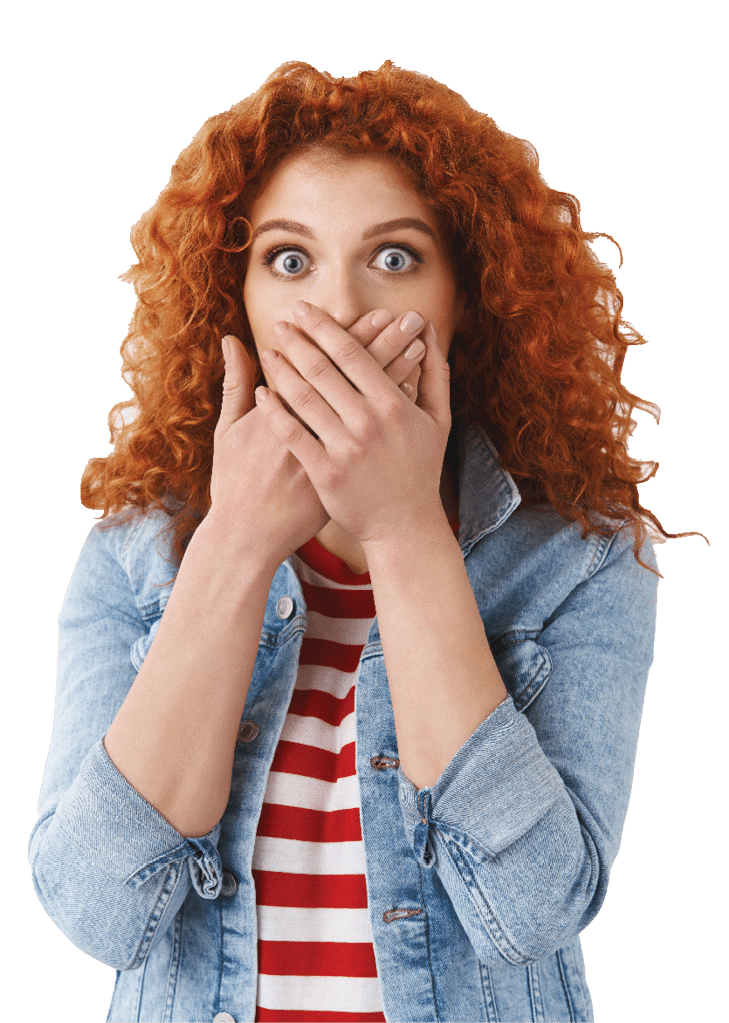 Shocked concerned young redhead female friend reacting shocking terrifying news gasping scared close mouth hands wide eyes frustrated standing white background worry bad breath  Copy space
