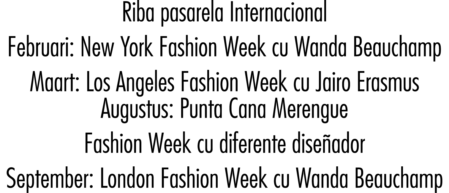 Riba pasarela Internacional Februari: New York Fashion Week cu Wanda Beauchamp Maart: Los Angeles Fashion Week cu Jai...
