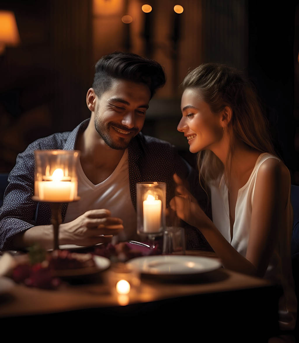 happy couple having romantic dinner in restaurant at christmastime with candles