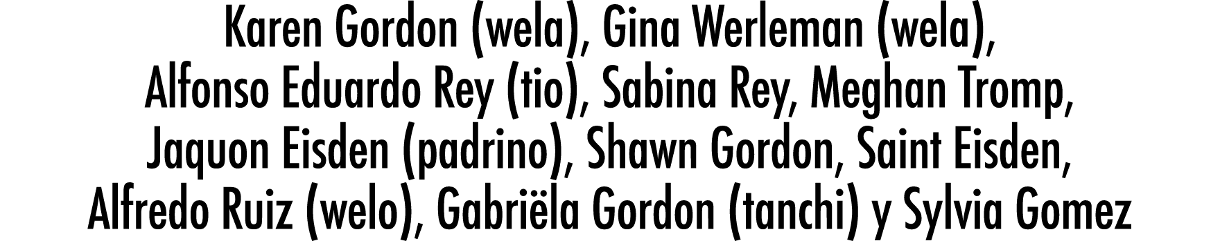 Karen Gordon (wela), Gina Werleman (wela), Alfonso Eduardo Rey (tio), Sabina Rey, Meghan Tromp, Jaquon Eisden (padrin   