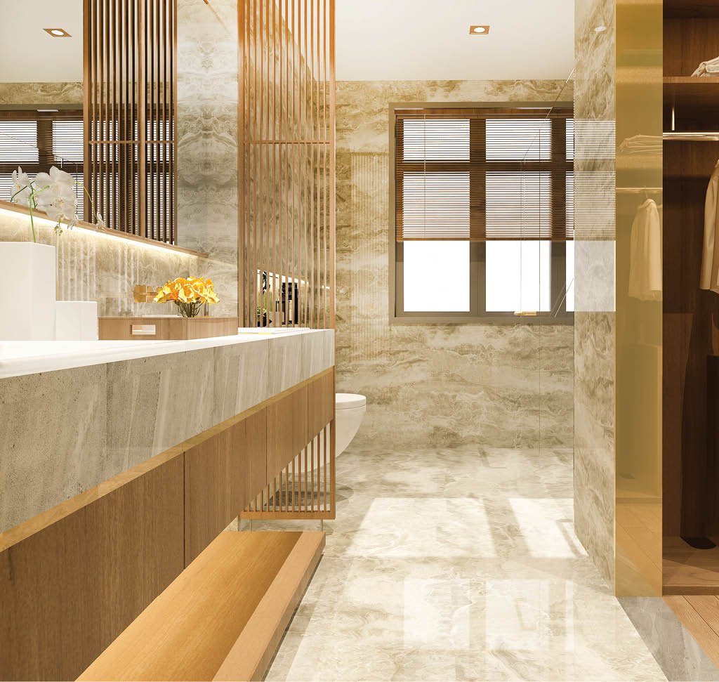 3d rendering modern design and marble tile toilet and bathroom and wardrobe with walk in closet