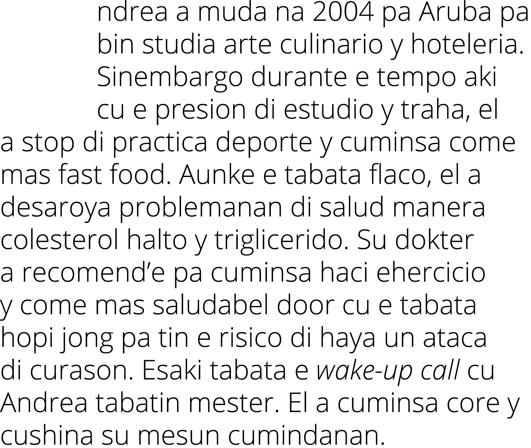 ndrea a muda na 2004 pa Aruba pa bin studia arte culinario y hoteleria  Sinembargo durante e tempo aki cu e presion d   