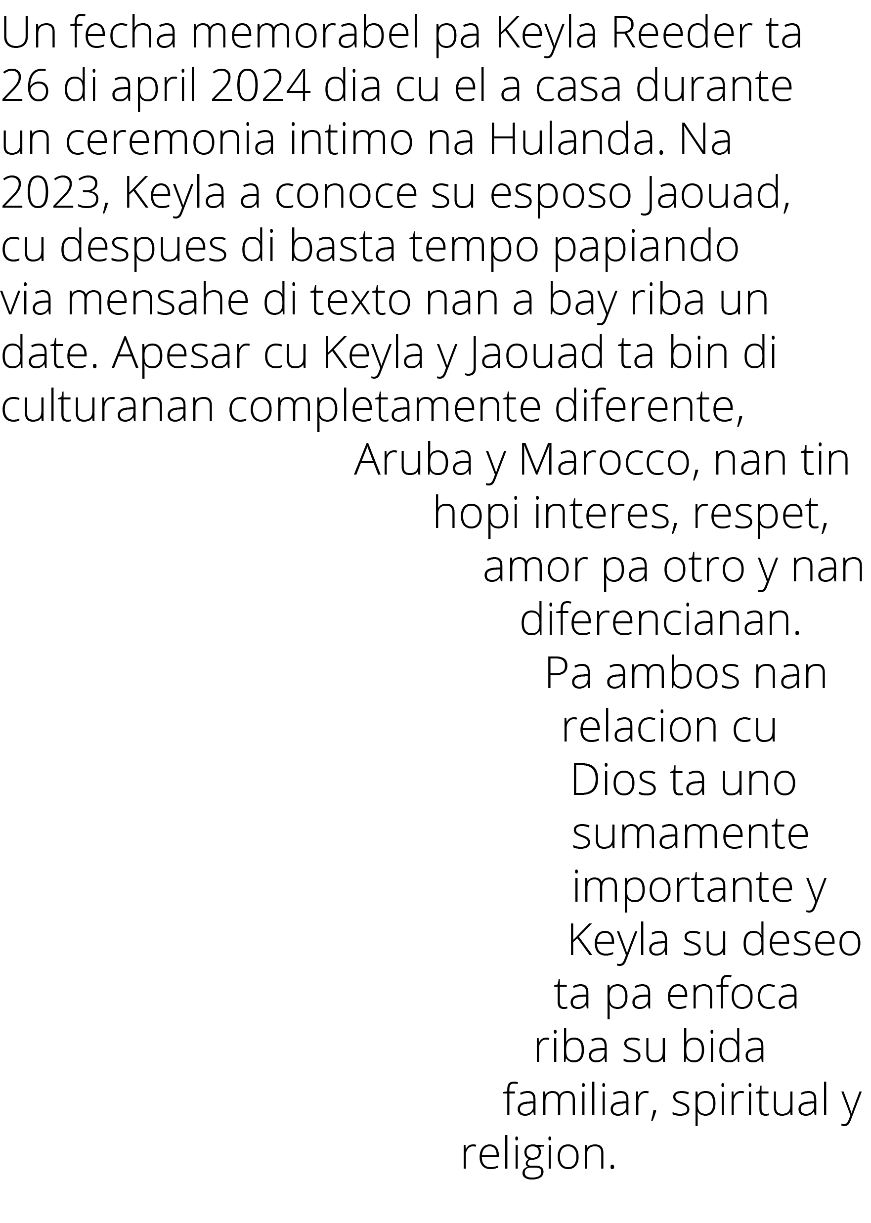 Un fecha memorabel pa Keyla Reeder ta 26 di april 2024 dia cu el a casa durante un ceremonia intimo na Hulanda  Na 20   