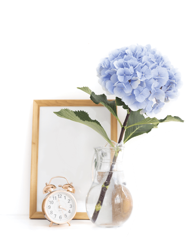 Blue hortensia flowers in the vase with wooden  frame in provence interior 