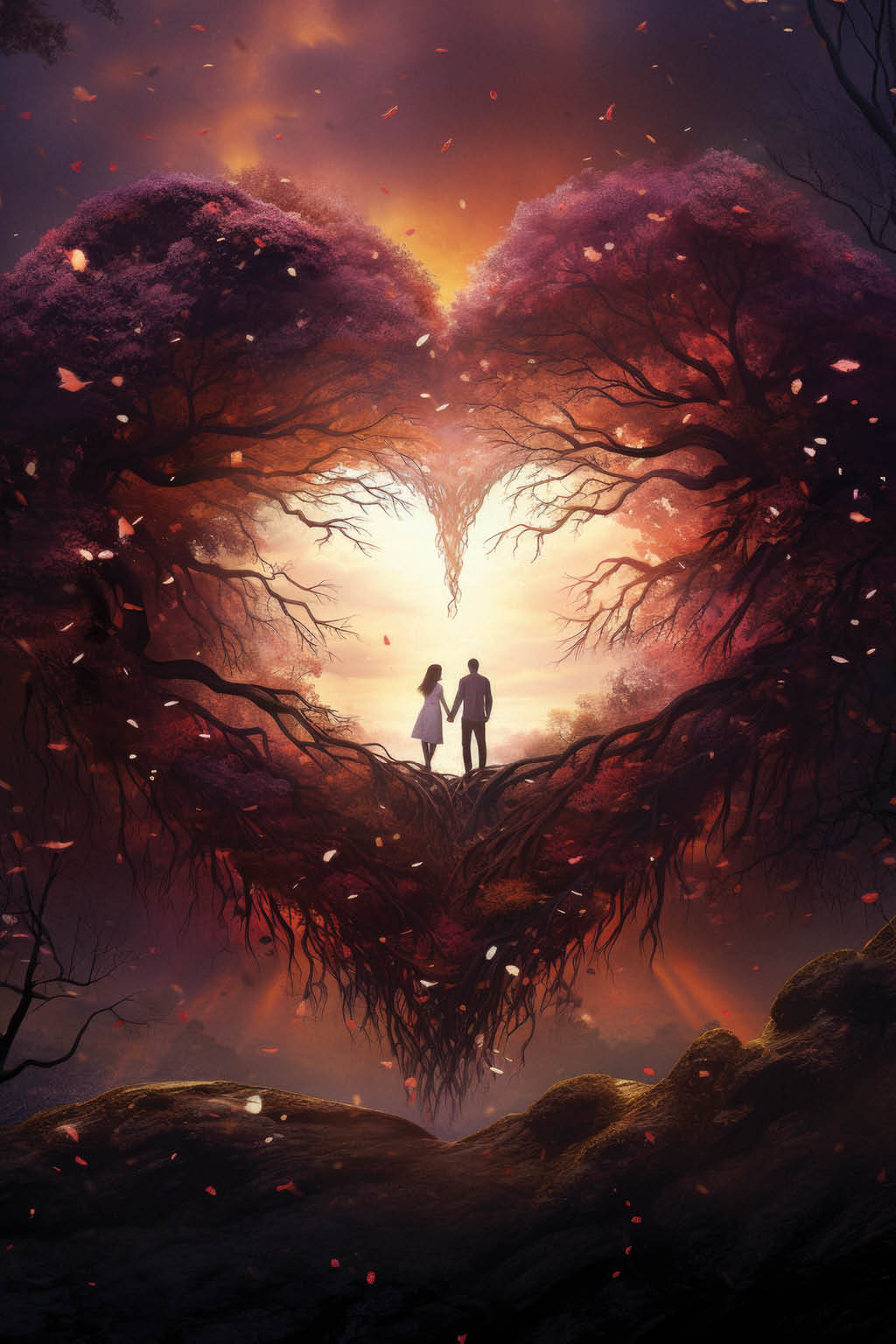 two people are standing in a tree covered heart shape, in the style of epic fantasy scenes, soft, romantic scenes, light-filled scenes, highly detailed foliage, 32k uhd, darkly romantic illustrations, organic and flowing forms --ar 85:128 --v 5 2 Job ID: aa7786d0-388e-4599-8321-eaee4aed9702