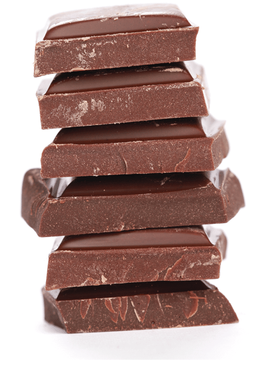 A vertical shot of stacked chocolates on a white background