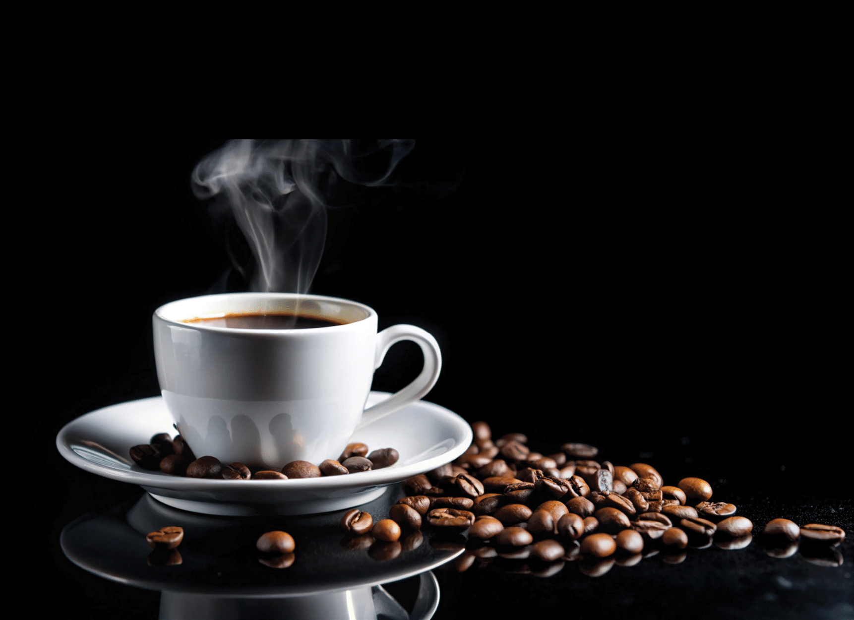 Steaming cup of coffee with coffee beans on a black background 