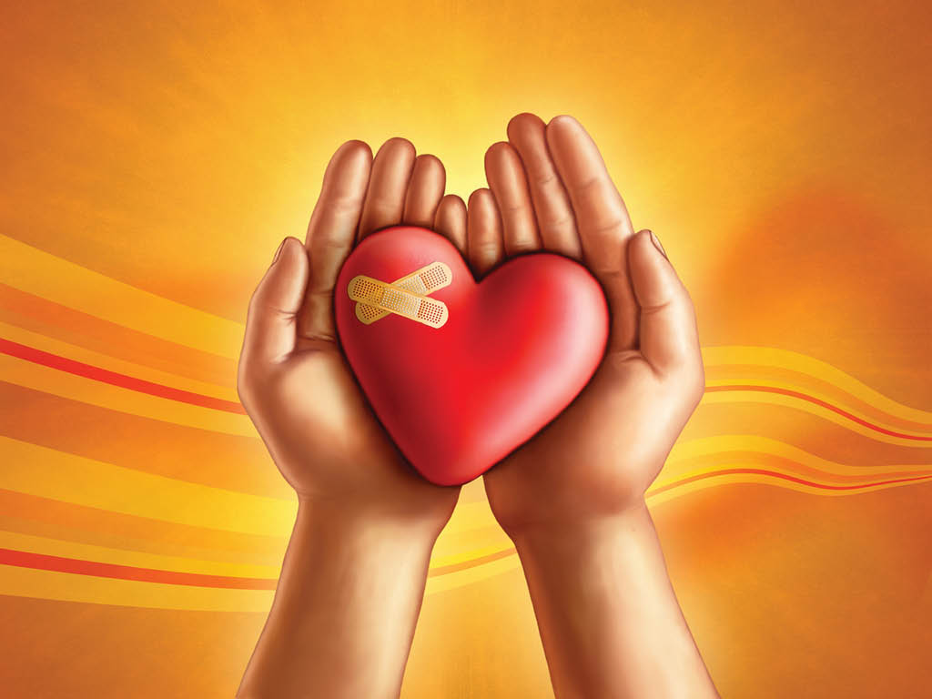 Hands holding a broken hearth, care and compassion concept  Digital illustration 