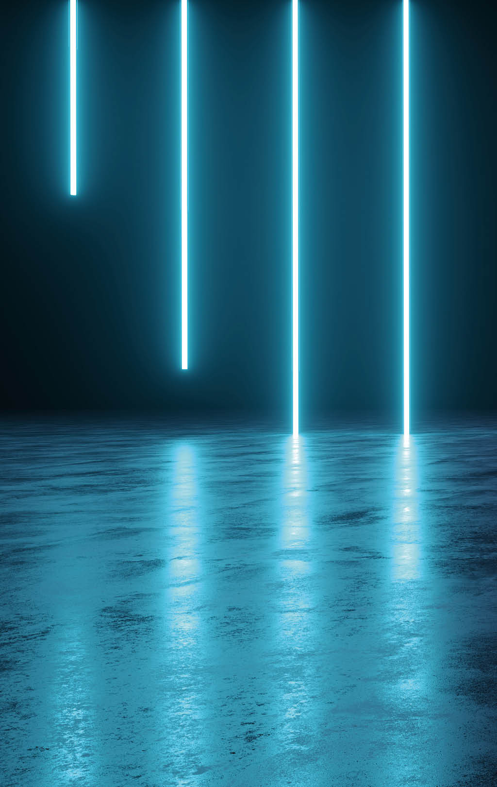 Futuristic Sci-Fi Abstract Blue And Purple Neon Light Shapes On Black Background And Reflective Concrete With Empty Space For Text 3D Rendering Illustration