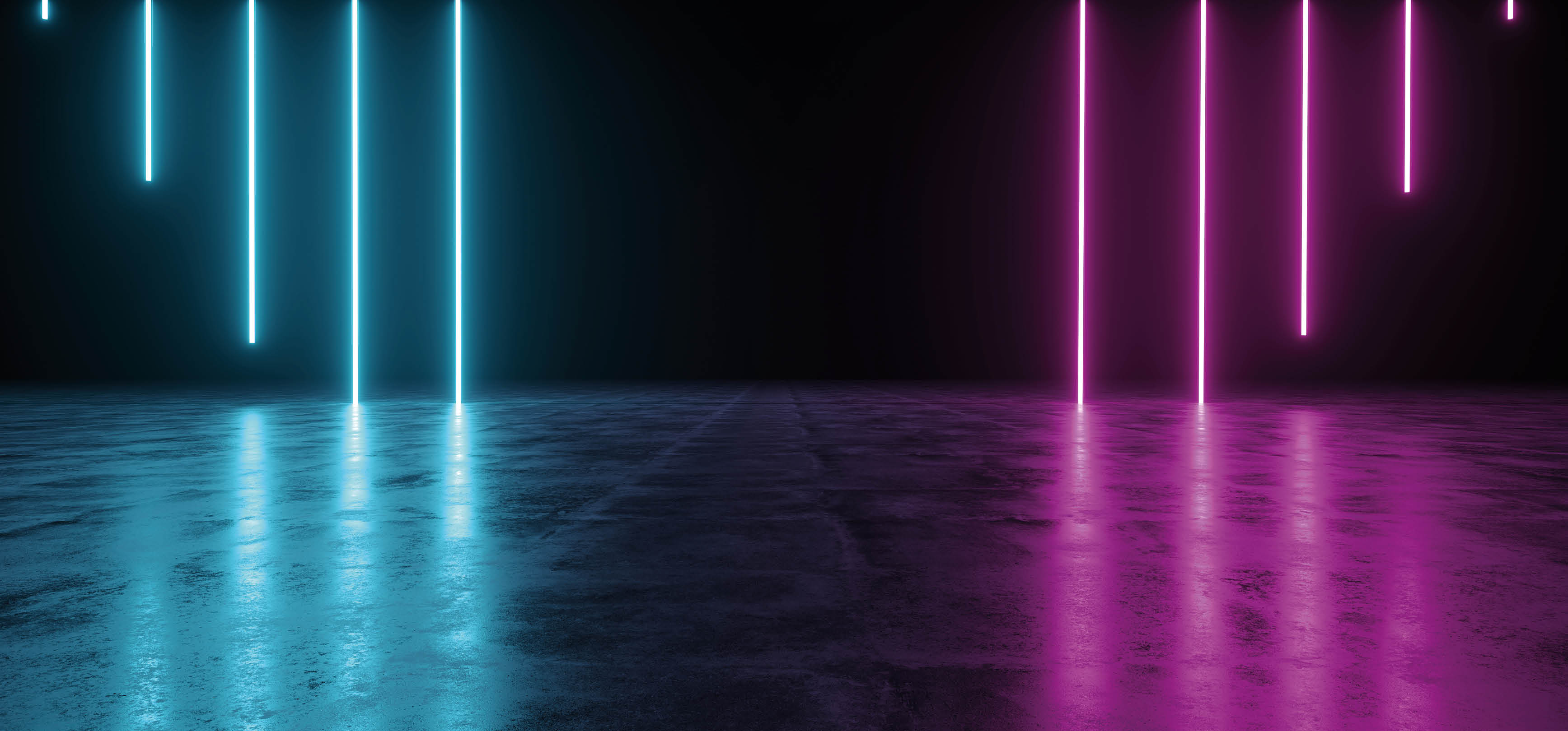 Futuristic Sci-Fi Abstract Blue And Purple Neon Light Shapes On Black Background And Reflective Concrete With Empty Space For Text 3D Rendering Illustration