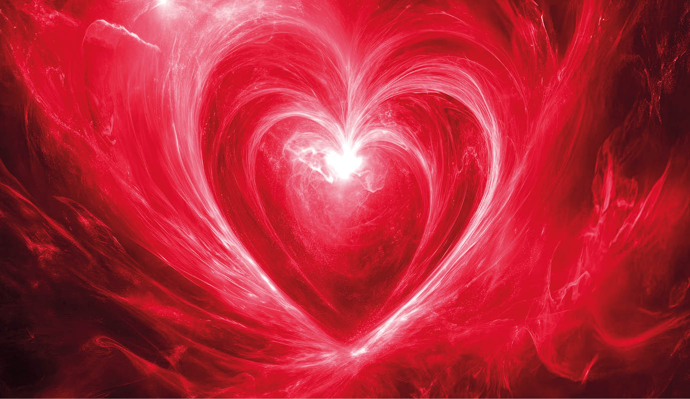 Abstract heart shape, vibrant purple energy. Intricate swirling, luminous patterns