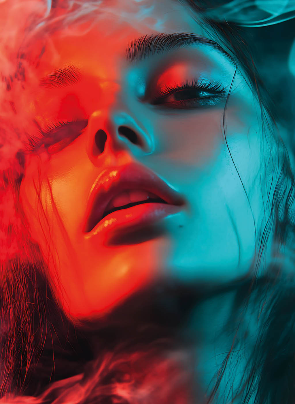Woman Face Red Blue Light Smoke