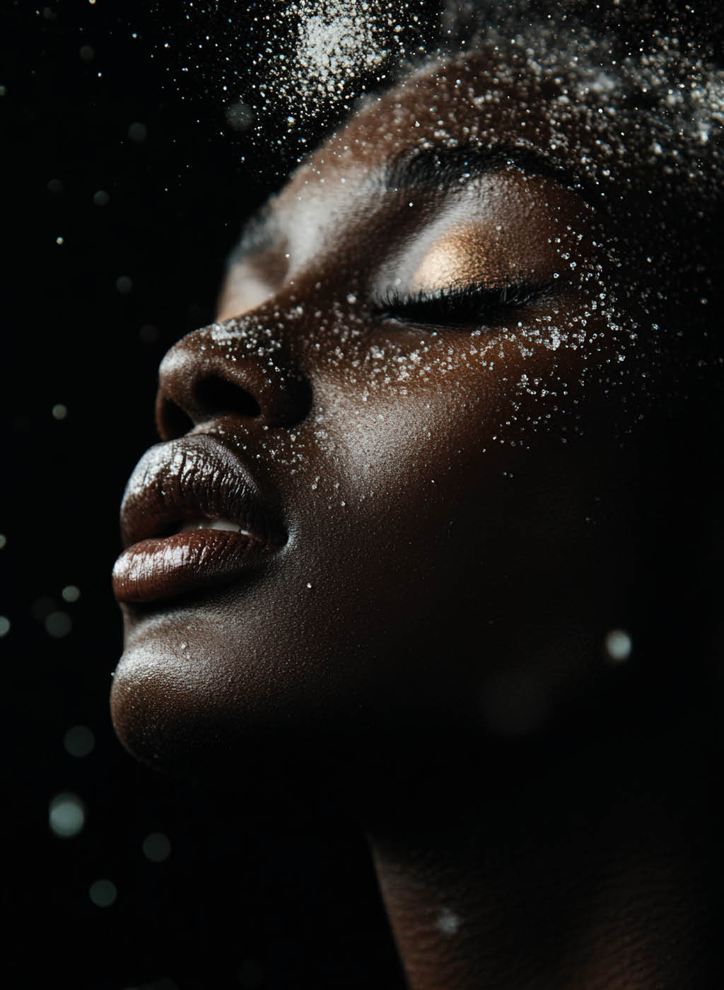 A close-up portrait of a dark-skinned woman's face adorned with glittering particles against a black background.