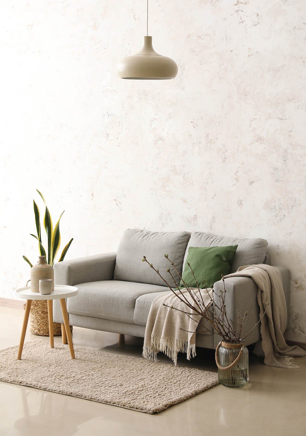 Sofa and table with houseplant in interior of light living room