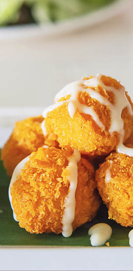 Fried mozzarella cheese ball ready for eat - delicious colourful food concept