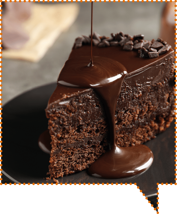 Pouring chocolate sauce onto delicious fresh cake on grey table, closeup