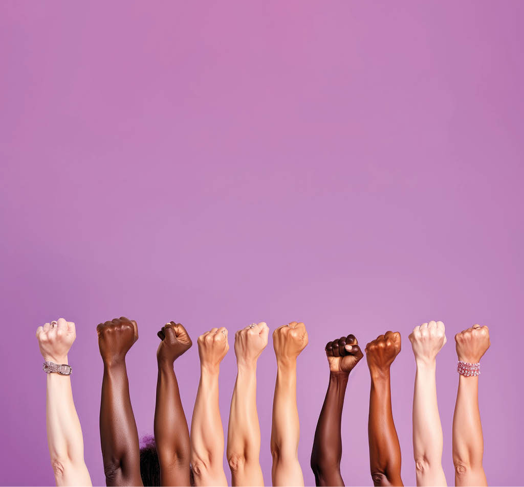 Raised fist of a women for international women day and the feminist movement. March 8 for feminism.