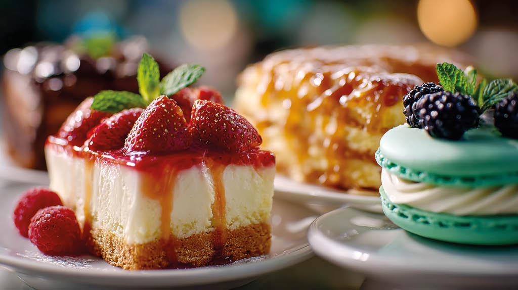 Assorted gourmet desserts including cheesecake, macarons, and berry pastries, beautifully arranged for a luxury dessert display.