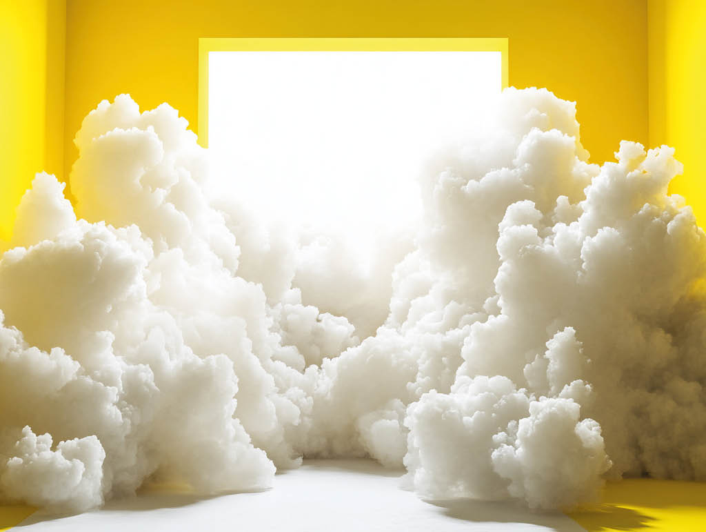 Bright yellow room filled with fluffy white clouds, light shining from a window.