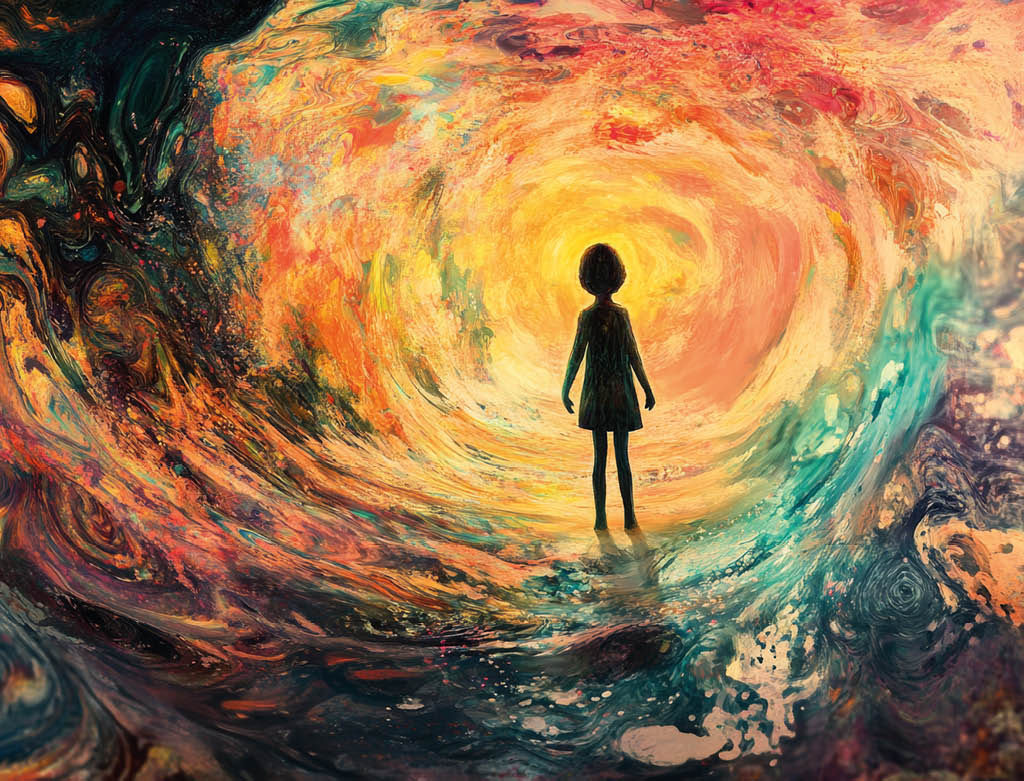 A silhouette of a child stands in a mesmerizing landscape of swirling colors and light, representing the inner journey and exploration of childhood emotions and memories.