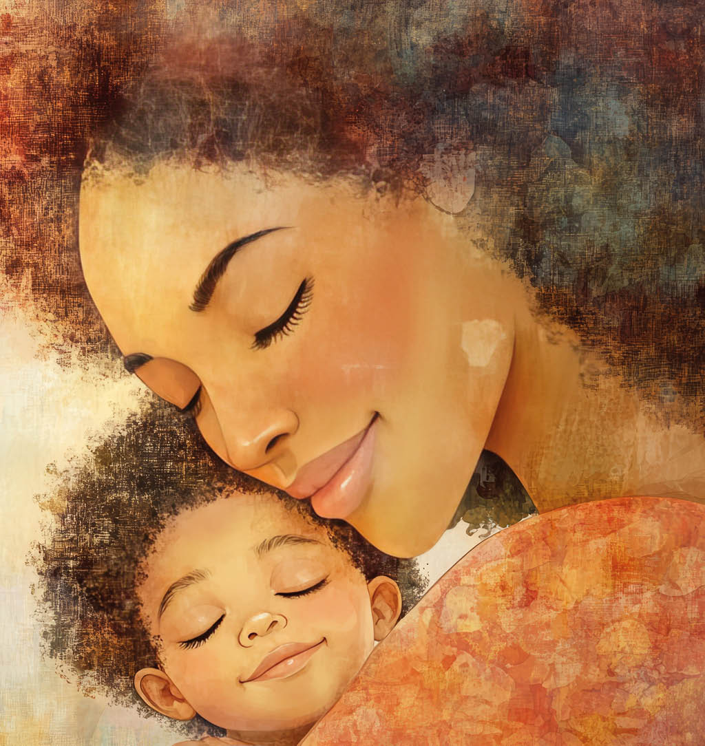 Connection and healing with the inner child. A loving, calming, tender illustration of a woman and a small child. Both are smiling. There is space for text at the top of the image. --ar 3:2 --v 6.1 Job ID: 029ae5ef-ae70-469c-b365-f0ccd42318d4