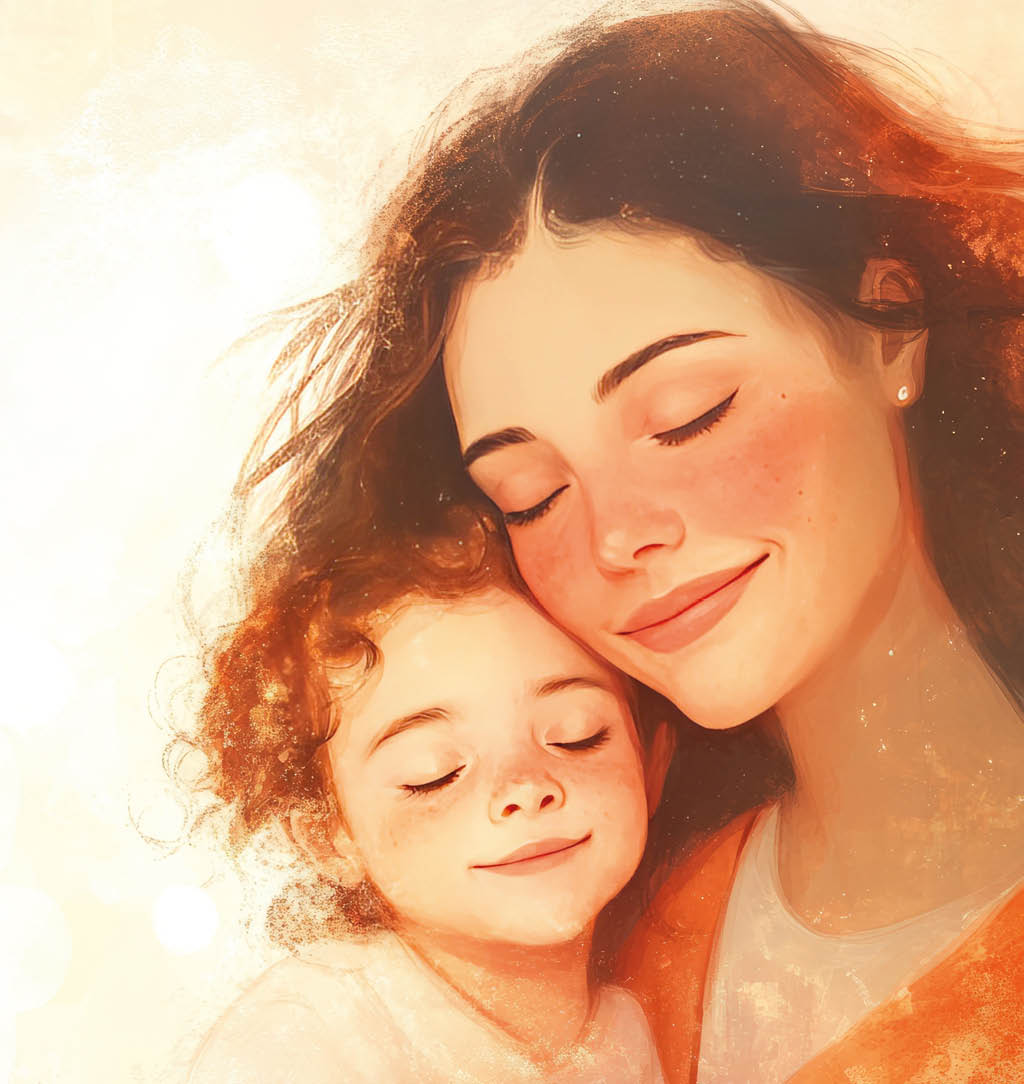 Connection and healing with the inner child. A loving, calming, tender illustration of a woman and a small child. Both are smiling. There is space for text at the top of the image. --ar 3:2 --v 6.1 Job ID: 029ae5ef-ae70-469c-b365-f0ccd42318d4