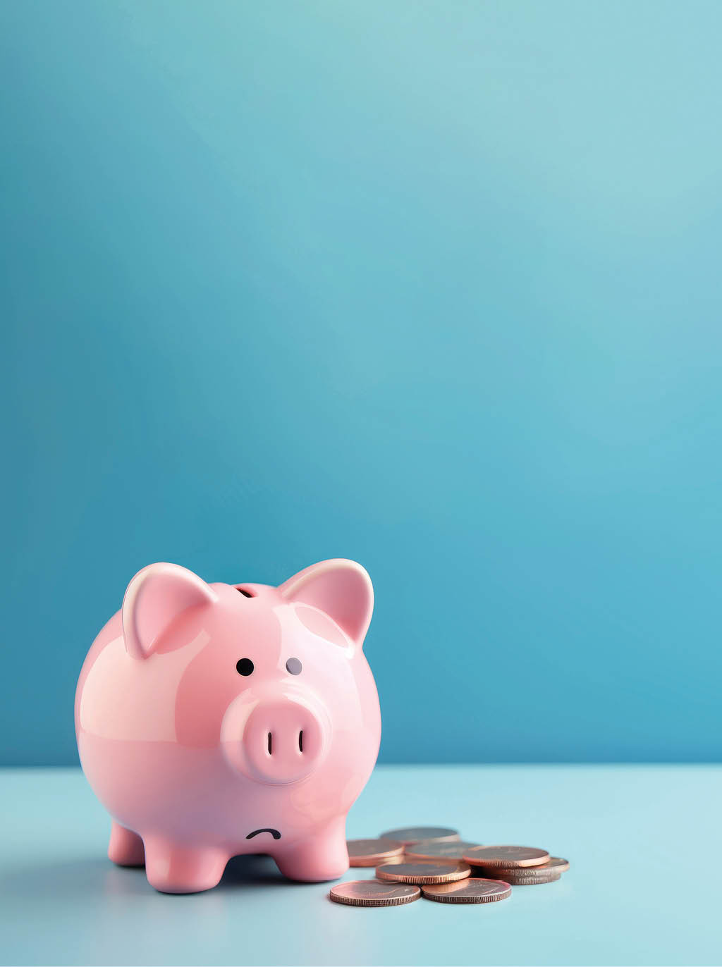 Sad and worried pink pig piggy bank next to a few gold coins, isolated on blue background. Investment failure, bankruptcy concept - Generative AI