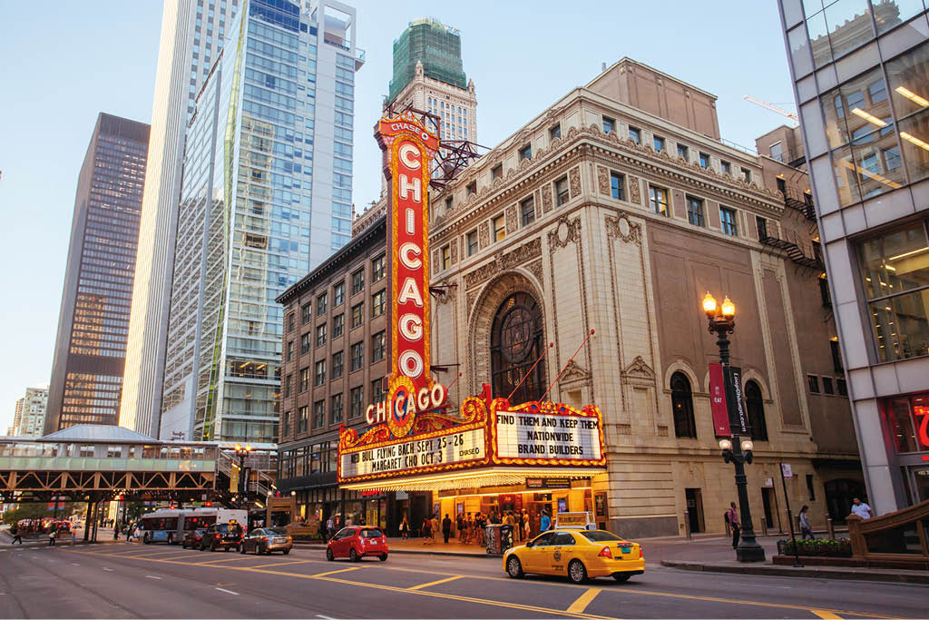 Chicago, USA - August 13 2015: Chicago theater with shows about to start on an early summer's evening