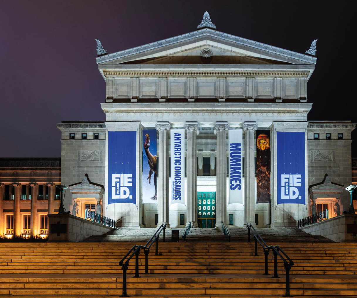 Chicago, IL, United States - October 14, 2018: Night shot of The Field Musem, one of Chciago's landmarks and a popular toursit attraction. 
