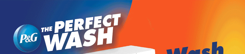 El logotipo de P&G acompa ado del texto “The Perfect Wash" sobre un fondo degradado de azul a naranja. Descripci n generada con IA
