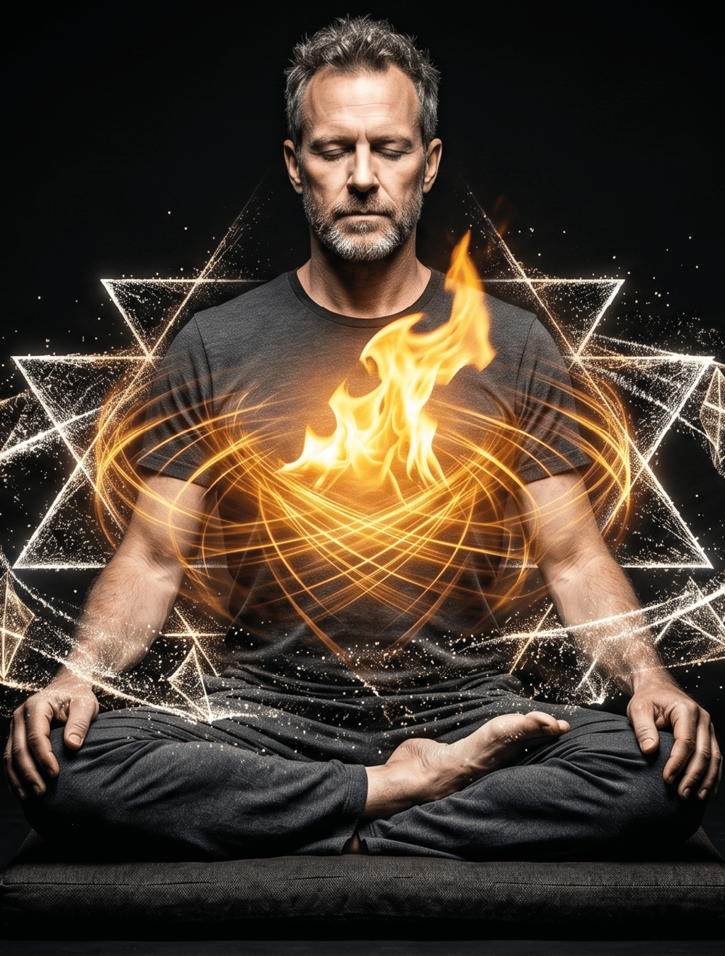 Persona sentada en posici n de meditaci n con efectos visuales de fuego y figuras geom tricas brillantes alrededor del torso sobre un fondo oscuro. Descripci n generada con IA