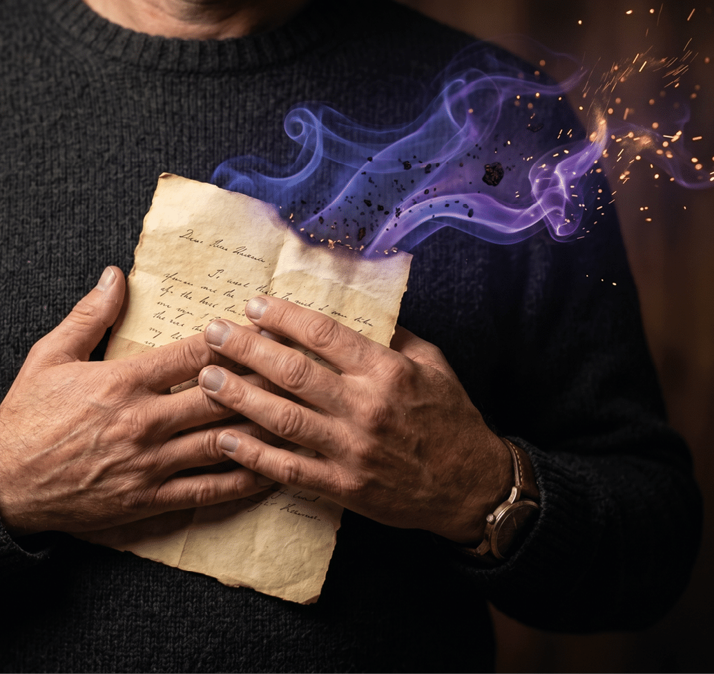 Una persona con su ter oscuro sostiene un papel antiguo que parece estar ardiendo con humo y chispas de color p rpura. Descripci n generada con IA