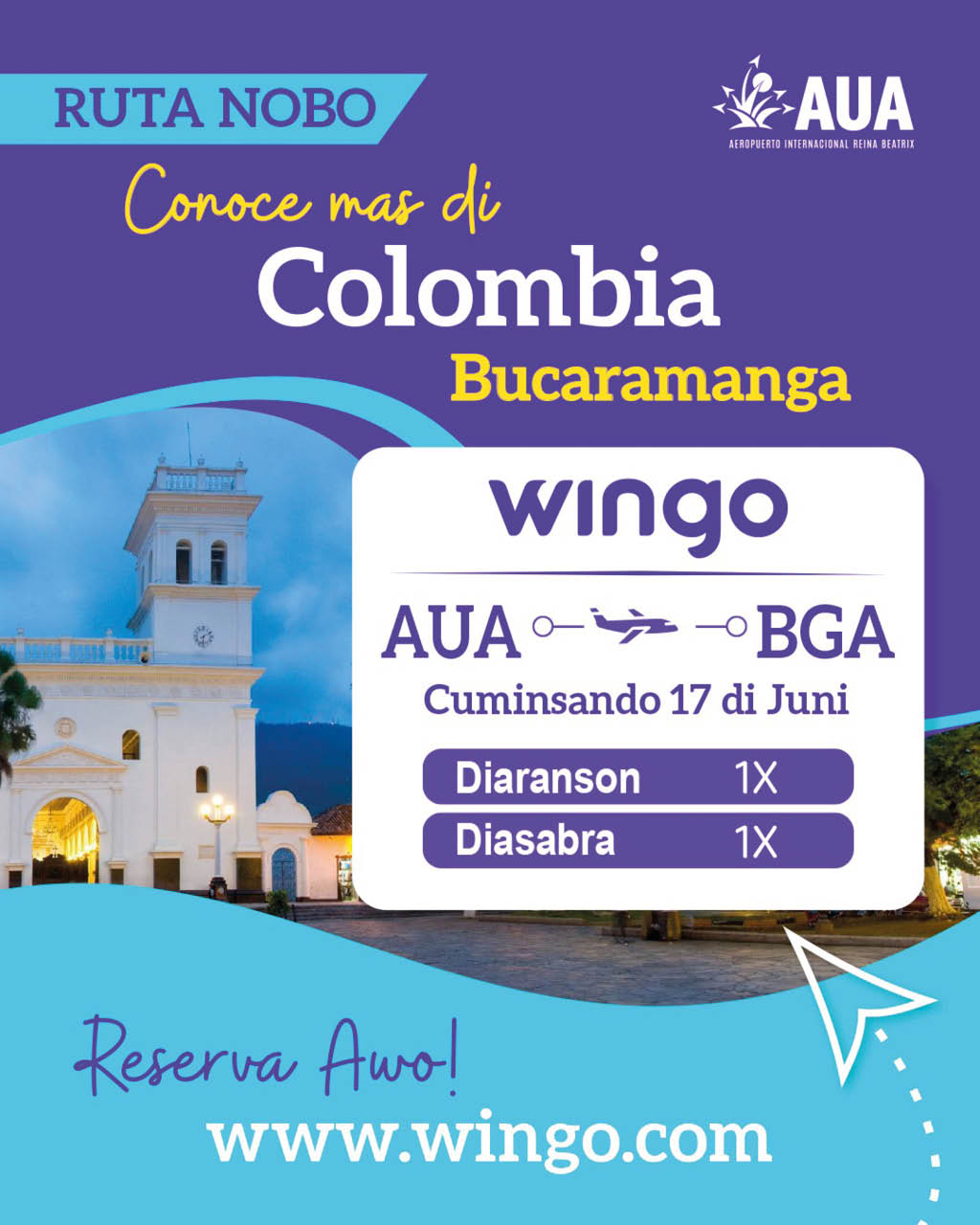 Promoci n colorida de vuelos de Wingo desde AUA a Bucaramanga con imagen de un edificio hist rico y detalles para reservar en l nea. Descripci n generada con IA