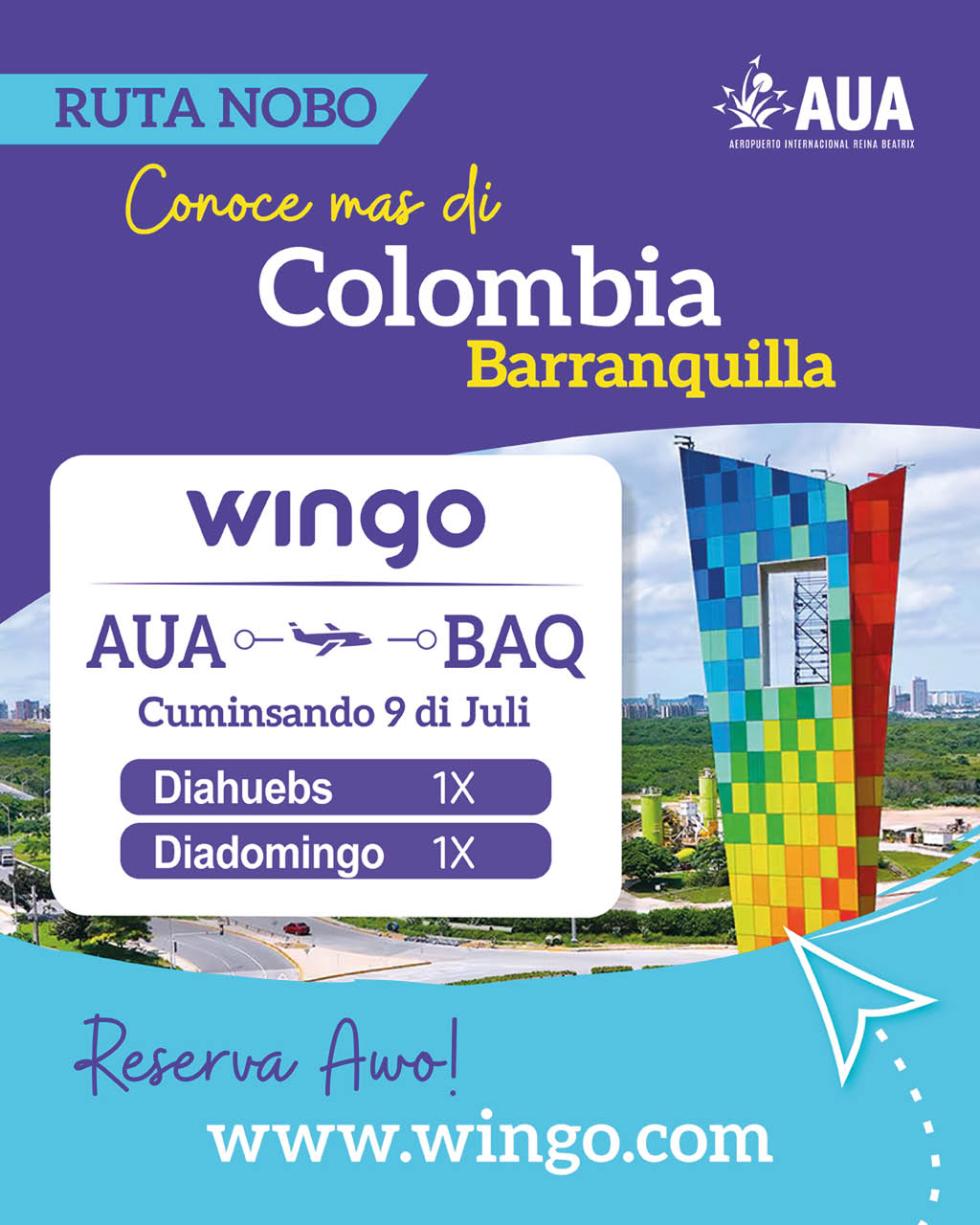 Promoci n colorida de vuelos de Wingo desde AUA a Barranquilla con fechas y un edificio moderno de fondo invitando a reservar en l nea. Descripci n generada con IA