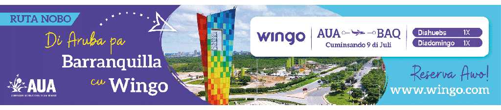 Promoci n colorida de la ruta a rea Barranquilla con Wingo mostrando un edificio alto, un paisaje urbano y detalles de vuelos entre AUA y BAQ con fechas y reservas en l nea. Descripci n generada con IA