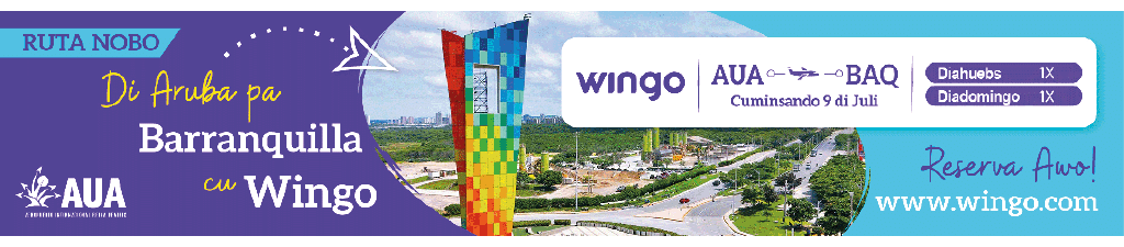Promoci n colorida de la ruta a rea Barranquilla con Wingo mostrando un edificio alto, un paisaje urbano y detalles de vuelos entre AUA y BAQ con fechas y reservas en l nea. Descripci n generada con IA
