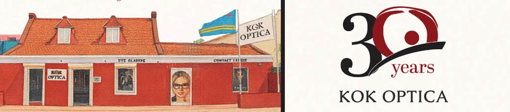 Edificio rojo con techo naranja y ventanas con cartel de Kok Optica junto a un logotipo que celebra 30 a os de la ptica.  Descripci n generada con IA