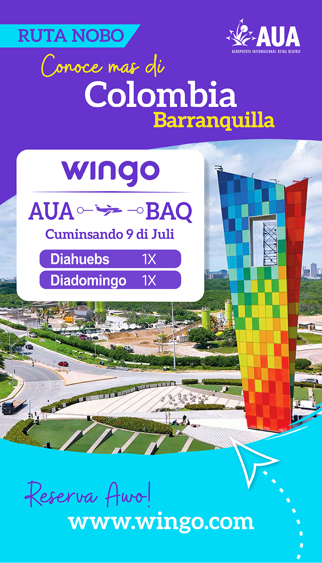 Promoci n de vuelos de Wingo desde Aruba a Barranquilla con un fondo de la ciudad y una torre colorida en primer plano. Descripci n generada con IA