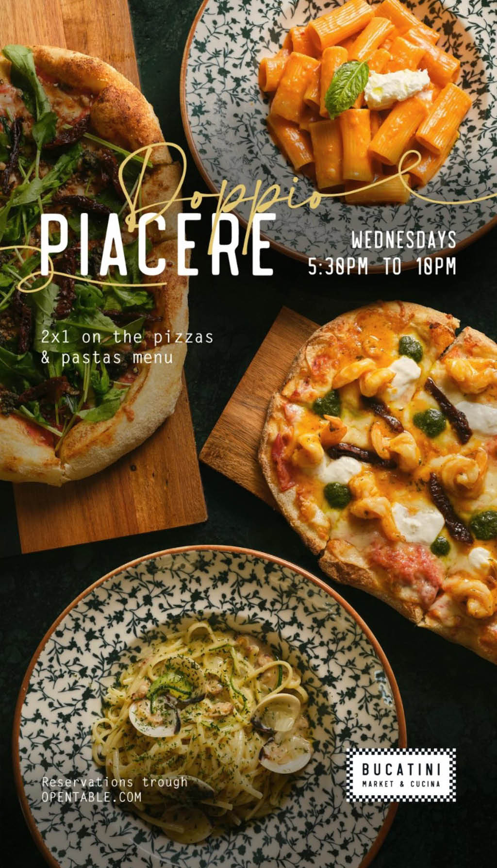 Promoci n de pizzas y pastas con oferta 2x1 los mi rcoles en un restaurante con platos servidos sobre mesas de madera y vajilla decorada. Descripci n generada con IA