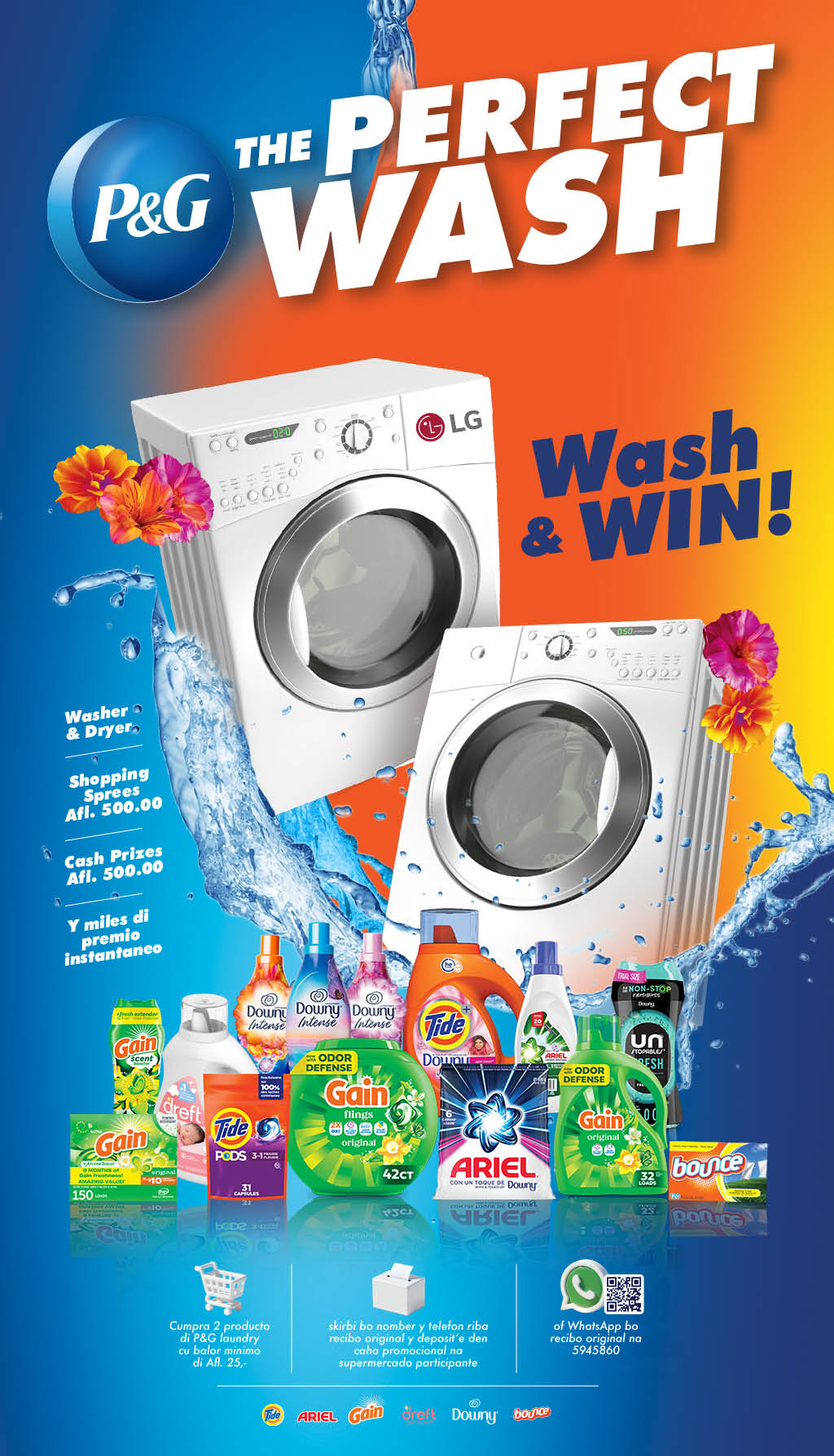 Promoci n de P&G llamada “The Perfect Wash" que muestra dos lavadoras LG rodeadas de productos de limpieza y detergentes con un dise o colorido y llamativo. Descripci n generada con IA