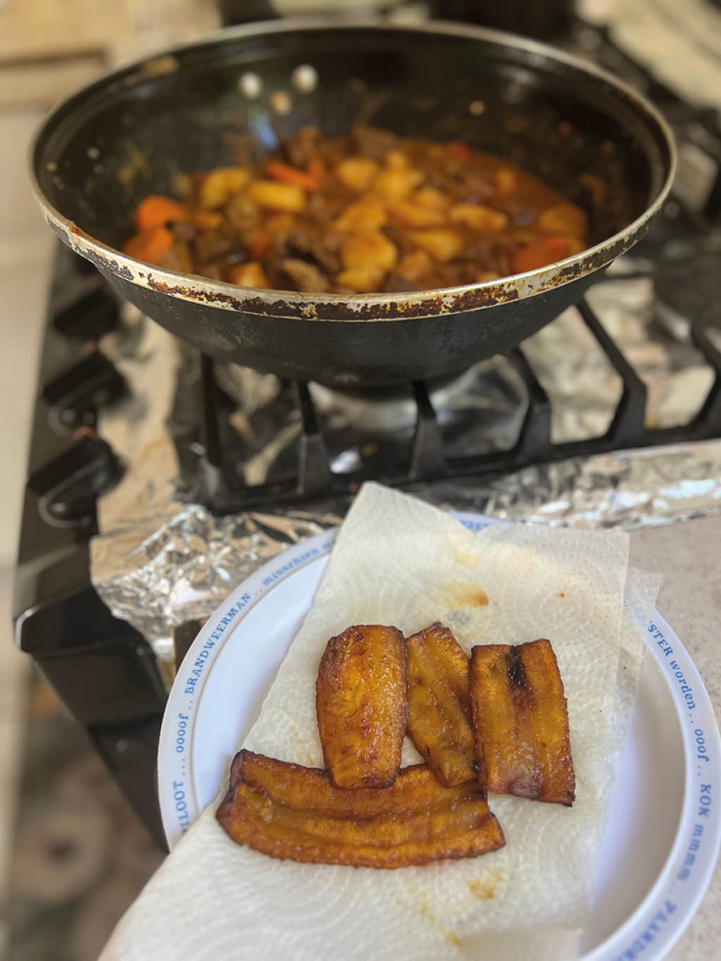 Pl tanos fritos sobre una servilleta blanca en un plato con una olla al fondo que contiene un guiso con verduras y carne sobre una estufa. Descripci n generada con IA