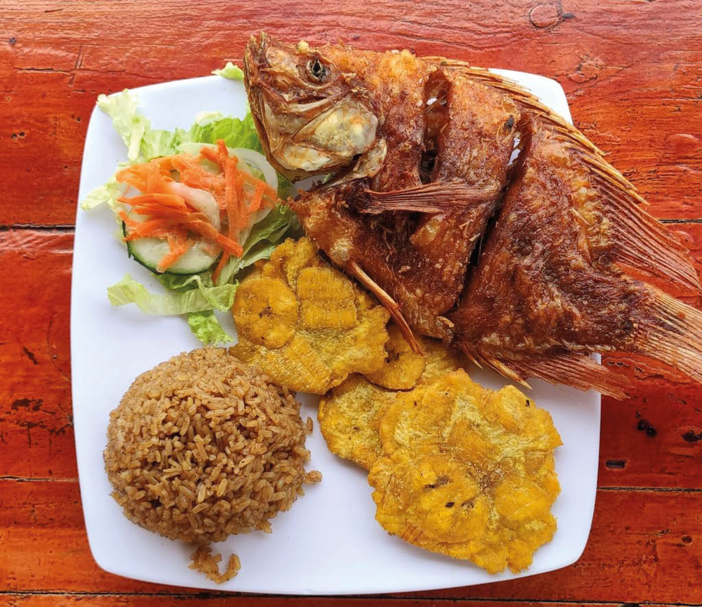 Plato cuadrado con pescado frito entero, arroz, tostones y una peque a ensalada sobre una mesa de madera. Descripci n generada con IA