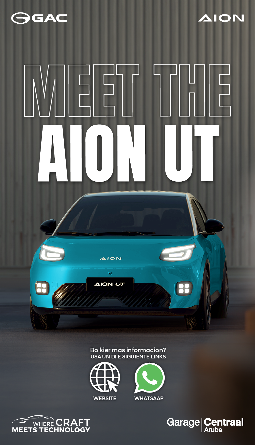 Un autom vil el ctrico azul modelo Aion UT est estacionado frente a un fondo industrial con texto promocional y logotipos de GAC y Aion.  Descripci n generada con IA