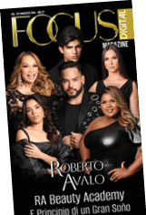 Seis personas posan juntas con ropa elegante en la portada de una revista digital titulada Focus con el texto destacado Roberto Avalo y RA Beauty Academy. Descripci n generada con IA