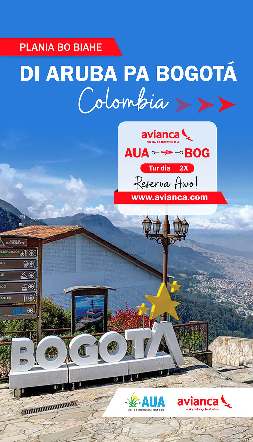 Publicidad de vuelos de Aruba a Bogot con un paisaje urbano y monta oso de fondo y un letrero grande que dice Bogot  en primer plano.  Descripci n generada con IA