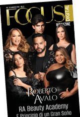 Seis personas posan juntas con ropa elegante en la portada de una revista digital titulada Focus con el texto destacado Roberto Avalo y RA Beauty Academy. Descripci n generada con IA