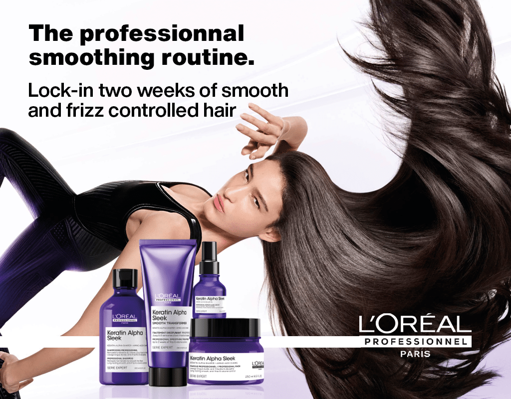 Persona con cabello largo y liso en movimiento junto a productos de L'Or al Professionnel para un tratamiento de suavizado y control de frizz. Descripci n generada con IA