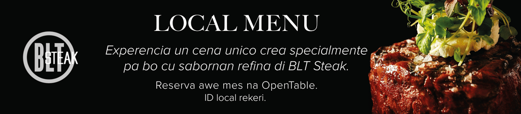 Men local de BLT Steak con una imagen de un filete jugoso decorado con hierbas frescas y texto en blanco sobre fondo negro.  Descripci n generada con IA