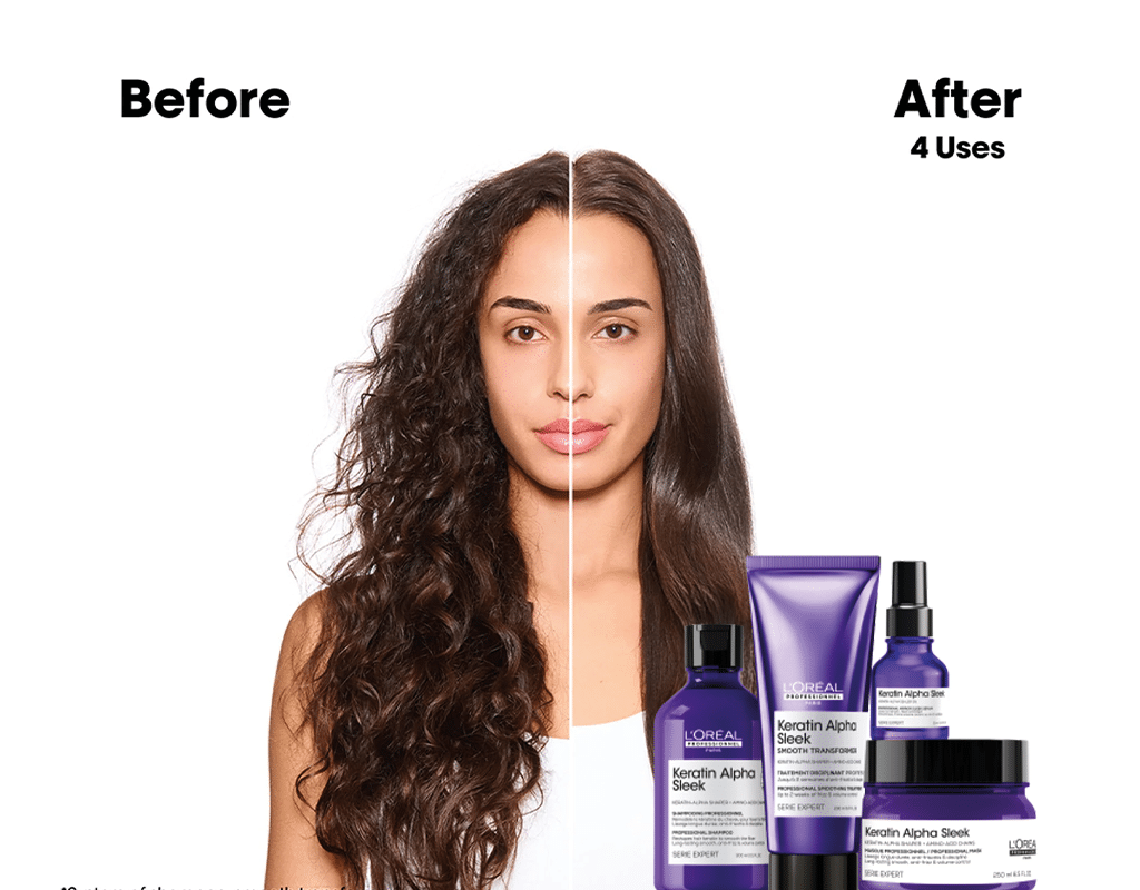 Persona con cabello rizado en un lado y liso en el otro mostrando el efecto de un tratamiento capilar junto a varios productos morados etiquetados como Keratin Alpha Sleek. Descripci n generada con IA